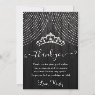 Silver Diamond Tiara on Black Wood Sweet Sixteen Thank You Card