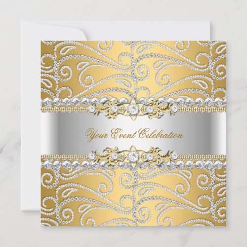 Silver Diamond White Gold Elegant Birthday Party 3 Invitation
