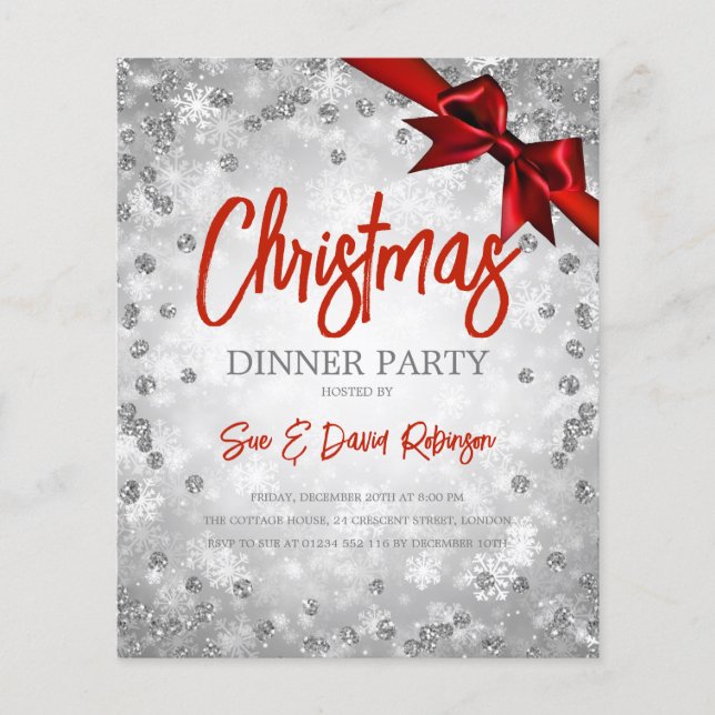 Silver DiamondGlitter Christmas Holiday Red Invite Flyer (Front)