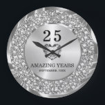 Silver Diamonds 25th Wedding Anniversary Large Cl Clock<br><div class="desc">Encrusted diamonds and silver( diamonds are not real) 25th wedding anniversary customizable clock.</div>