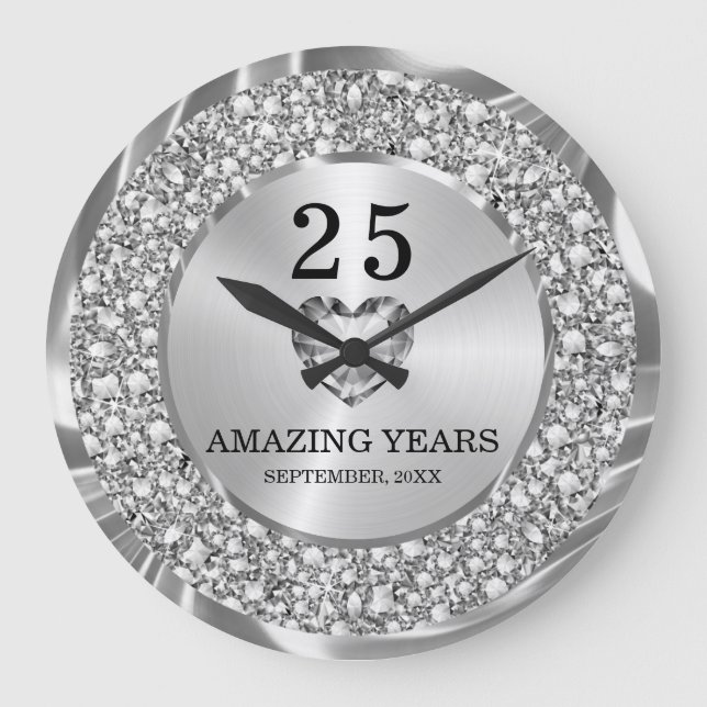 Silver Diamonds 25th Wedding Anniversary Large Cl Large Clock (Front)