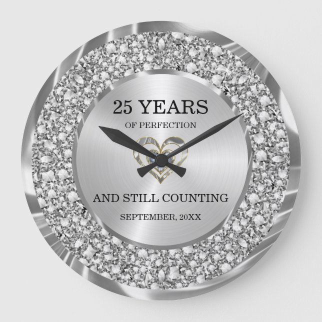 Silver Diamonds 25th Wedding Anniversary Large   Large Clock (Front)