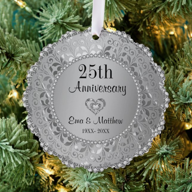 Silver  Diamonds 25th Wedding Anniversary Ornament Card (Insitu (Tree))