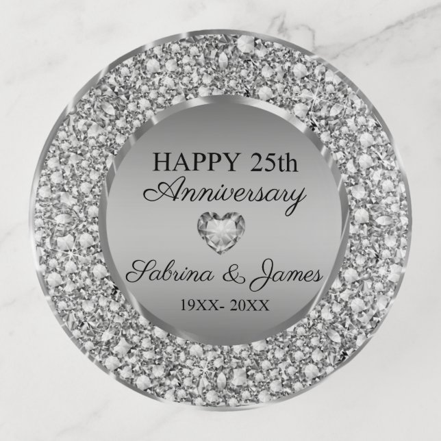 Silver Diamonds- 25th Wedding Anniversary Trinket Tray (Front)