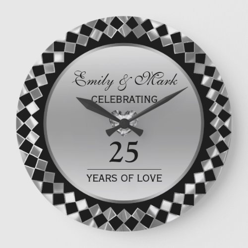 Silver Diamonds And Heart_ 25th Anniversary Large Clock