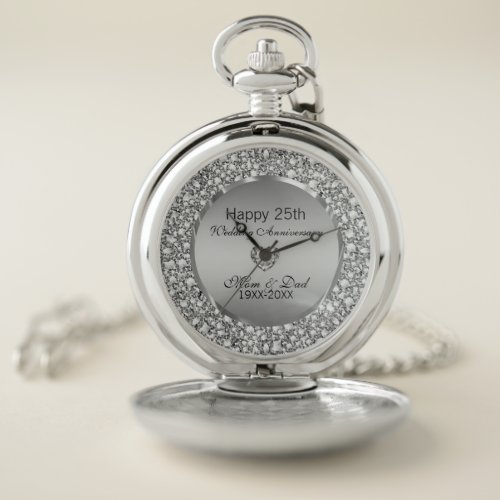 Silver Diamonds And Heart 25th Wedding Anniversary Pocket Watch