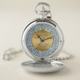 Silver Diamonds And Heart 50th Wedding Anniversary Pocket Watch
