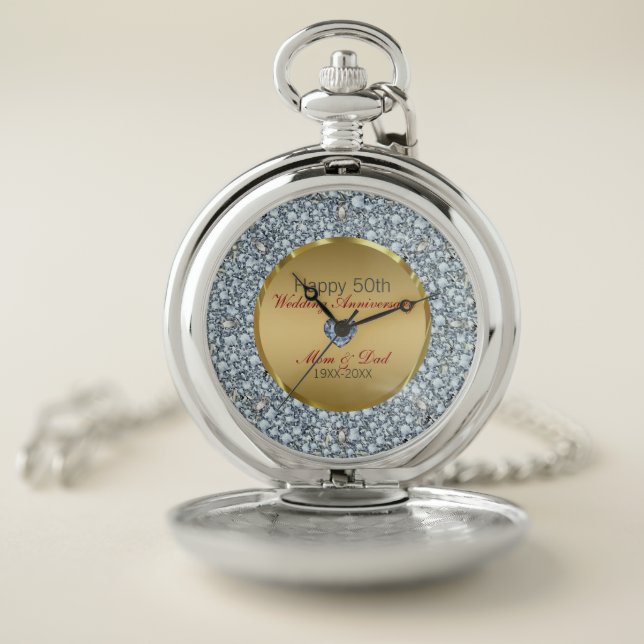 Silver Diamonds And Heart 50th Wedding Anniversary Pocket Watch (Inside)