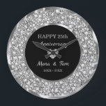 Silver Diamonds And Heart Large Clock<br><div class="desc">Elegant encrusted diamonds and silver ring and heart. 25th wedding anniversary. Diamonds are not real</div>