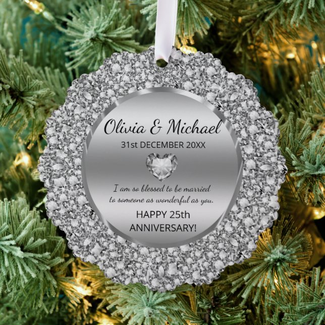 Silver Diamonds and Heart Wedding Anniversary  Ornament Card (Insitu (Tree))