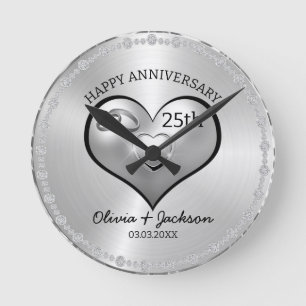 Silver Diamonds and Heart Wedding Anniversary Round Clock