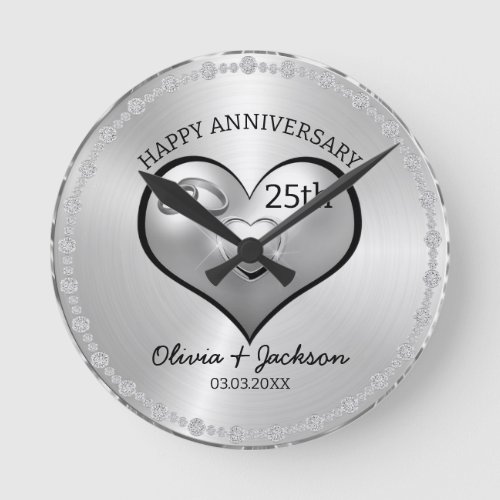 Silver Diamonds and Heart Wedding Anniversary Round Clock