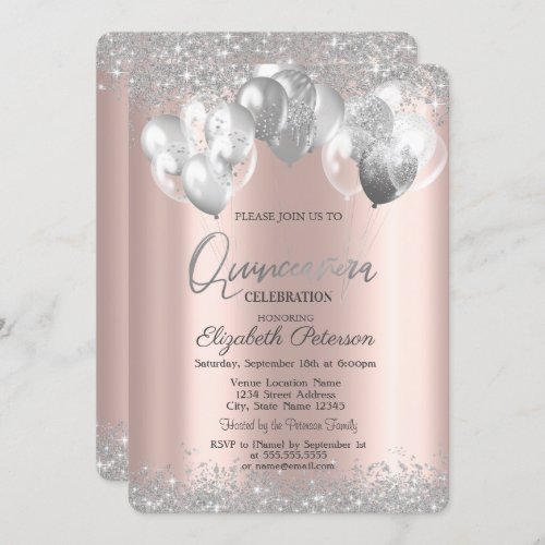  Silver Diamonds Balloons Rose Gold Quinceaera Invitation