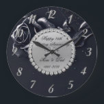 Silver Diamonds Black Rose 25th Anniversary Large Clock<br><div class="desc">Elegant silver diamonds and black rose wedding anniversary clock.</div>