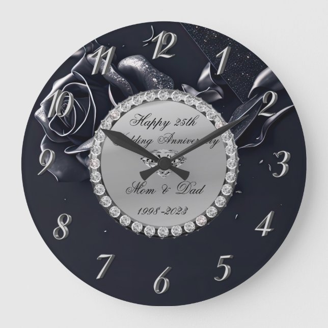  Silver Diamonds Black Rose 25th Anniversary Large Clock (Front)