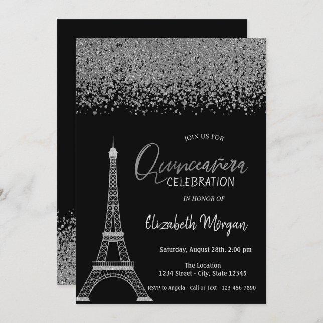 Silver Diamonds,Eiffel Tower Black Quinceañera Invitation (Front/Back)