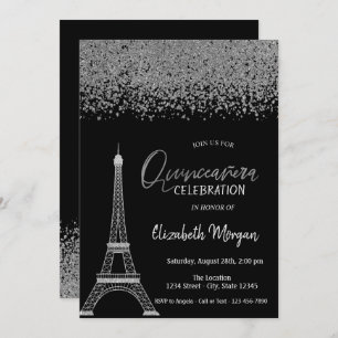 Silver Diamonds,Eiffel Tower Black Quinceañera Invitation
