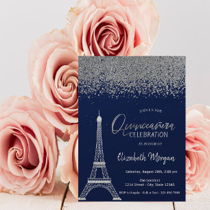 Silver Diamonds,Eiffel Tower Navy Blue Quinceanera Invitation
