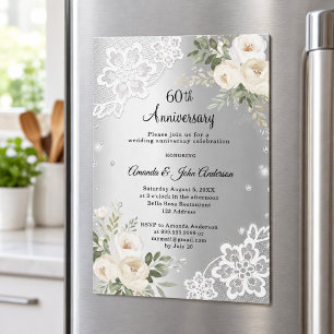 Silver diamonds florals 60th wedding anniversary magnetic invitation