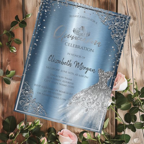 Silver Diamonds Frame Dress Quinceaera  Invitation