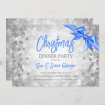 Silver Diamonds Glitter Blue Ribbon Christmas  Invitation