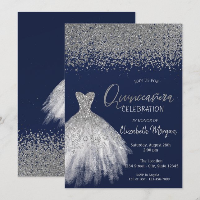 Silver Diamonds,Glitter Dress Blue Quinceañera Invitation (Front/Back)