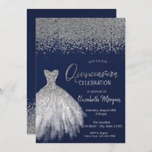 Silver Diamonds,Glitter Dress Blue Quinceañera Invitation