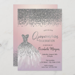Silver Diamonds,Glitter Dress Pink Quinceañera Invitation
