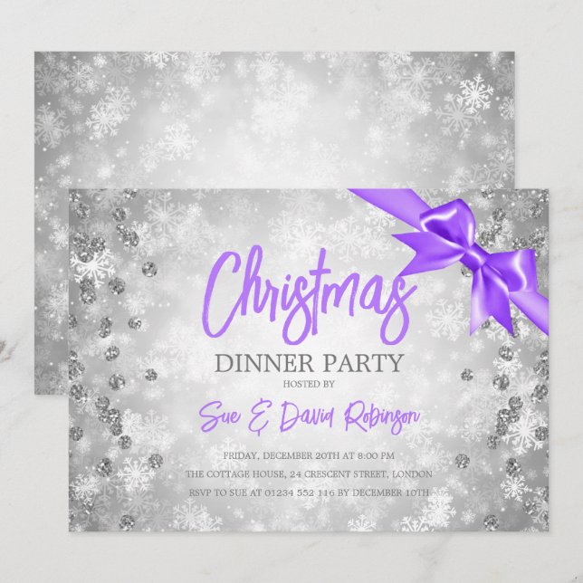 Silver Diamonds Glitter Purple Ribbon Christmas  Invitation (Front/Back)