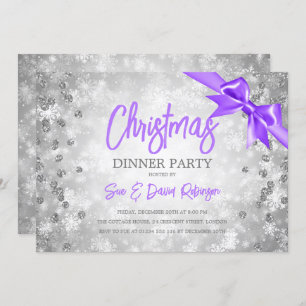 Silver Diamonds Glitter Purple Ribbon Christmas Invitation