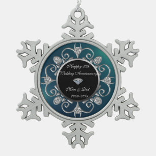 Silver Diamonds Green 10th Wedding Anniversary Snowflake Pewter Christmas Ornament