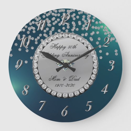 Silver Diamonds Green 25th Wedding Anniversary Large Clock