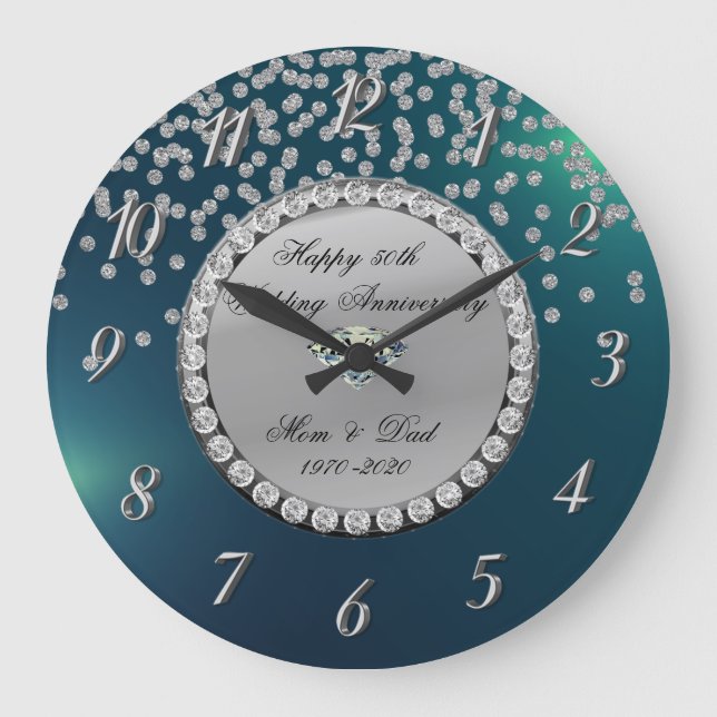 Silver Diamonds Green 25th Wedding Anniversary Large Clock (Front)