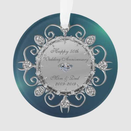 Silver Diamonds Green 50th Wedding Anniversary Ornament