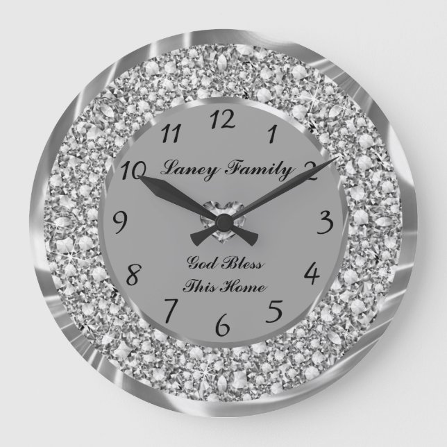Silver Diamonds Heart 2 Large Clock (Front)