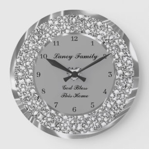 Silver Diamonds Heart Large Clock