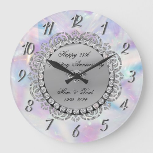  Silver Diamonds Holographic 25th Wedding Large Clock