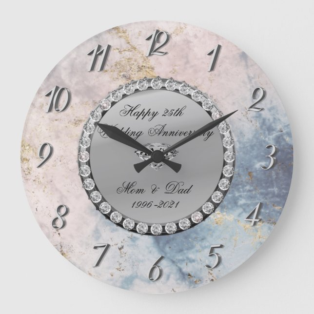 Silver  Diamonds Marble 25th Wedding Anniversary  Large Clock (Front)