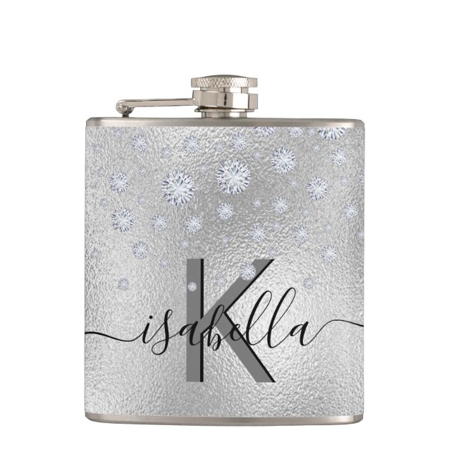 Silver diamonds monogram name script flask (Front)