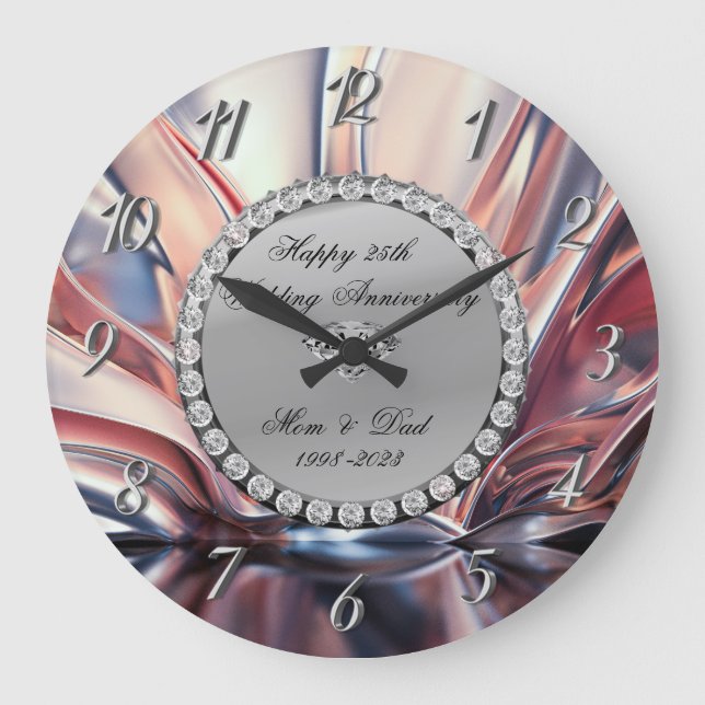 Silver  Diamonds Ombre 25th Wedding Anniversary Large Clock (Front)