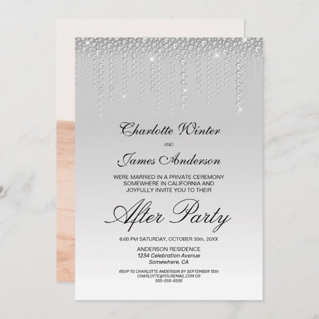 Silver Diamonds Photo Wedding After Party Invitation (Front/Back)