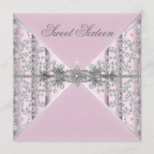 Silver Diamonds Pink Sweet 16 Birthday Party Invitation