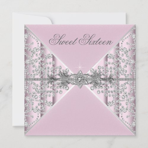 Silver Diamonds Pink Sweet 16 Birthday Party Custom Invites