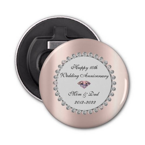 Silver Diamonds Rose Gold 10th Wedding Anniversary Bottle Opener