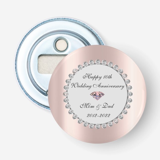 Silver Diamonds Rose Gold 10th Wedding Anniversary Bottle Opener (Front)