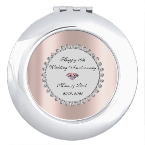 Silver Diamonds Rose Gold 10th Wedding Anniversary Compact Mirror