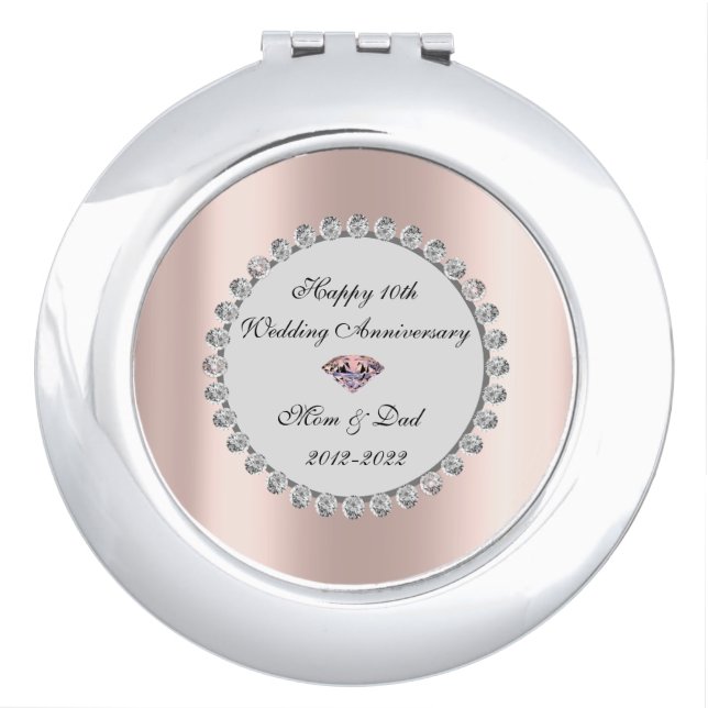 Silver Diamonds Rose Gold 10th Wedding Anniversary Compact Mirror (Front)