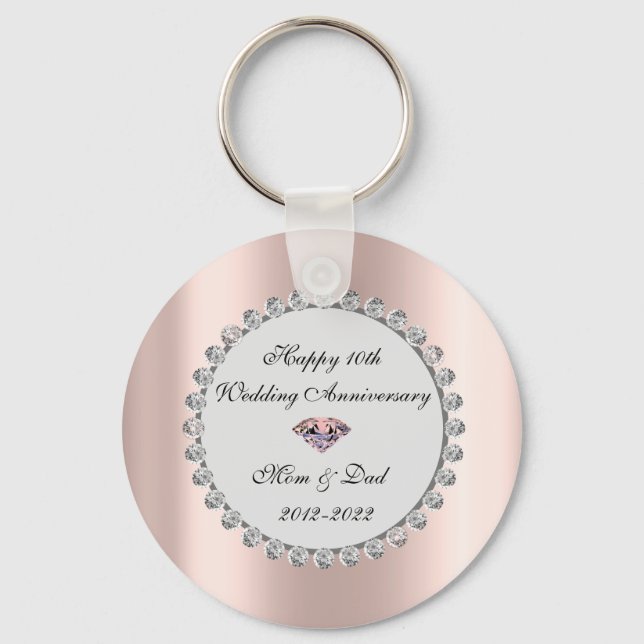 Silver Diamonds Rose Gold 10th Wedding Anniversary Keychain (Front)