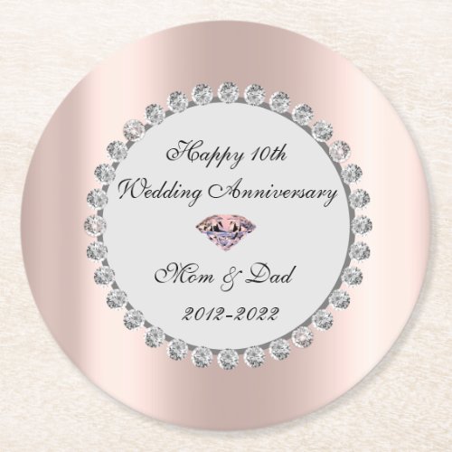 Silver Diamonds Rose Gold 10th Wedding Anniversary Round Paper Coaster