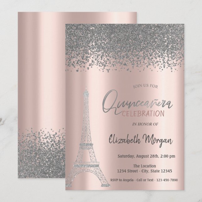 Silver Diamonds Rose Gold,Eiffel Tower Quinceanera Invitation (Front/Back)